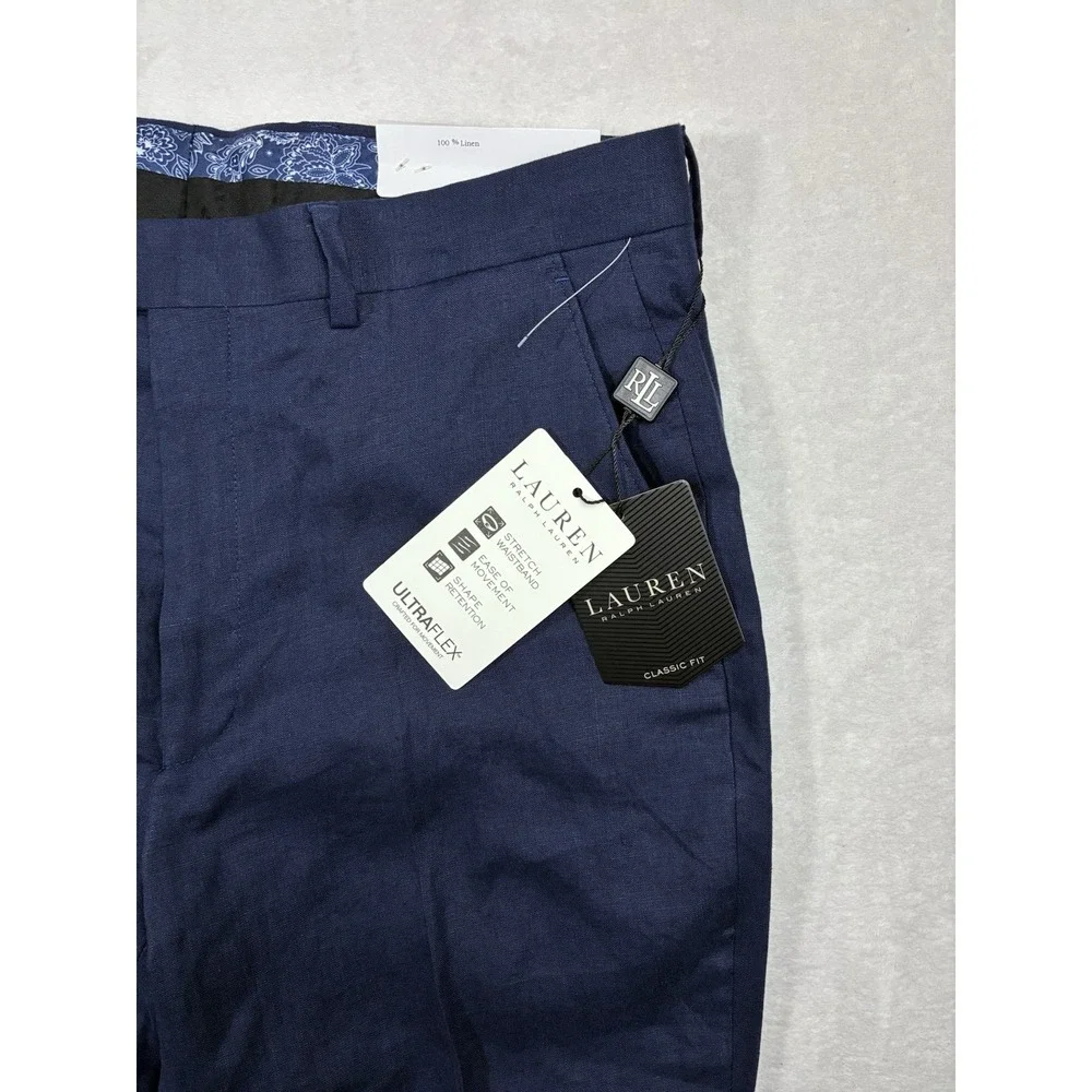 NWT Mens Lauren Ralph Lauren Men Ultra Flex Classic Fit Navy Linen Pants 32x32